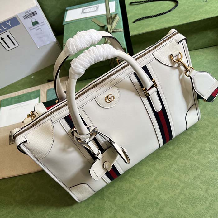 Gucci Women GG Bauletto Medium Top Handle Bag White Leather Double G (5)