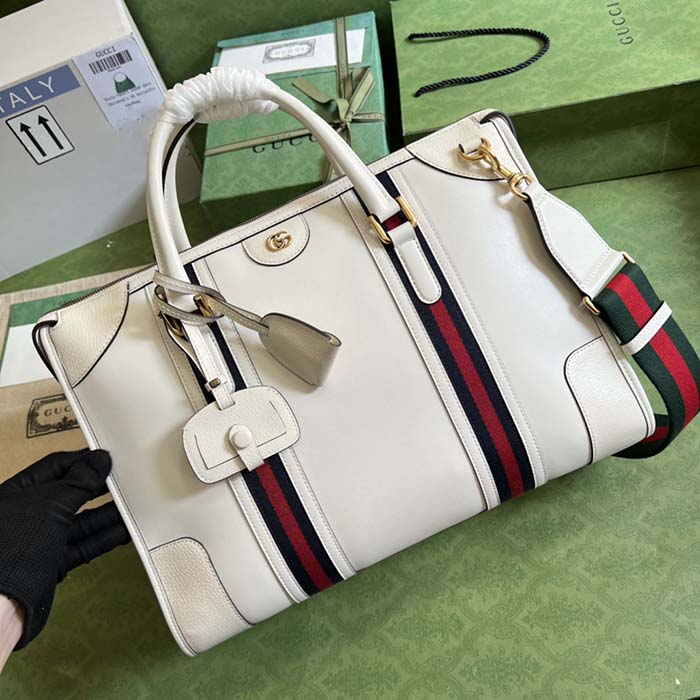Gucci Women GG Bauletto Medium Top Handle Bag White Leather Double G (6)