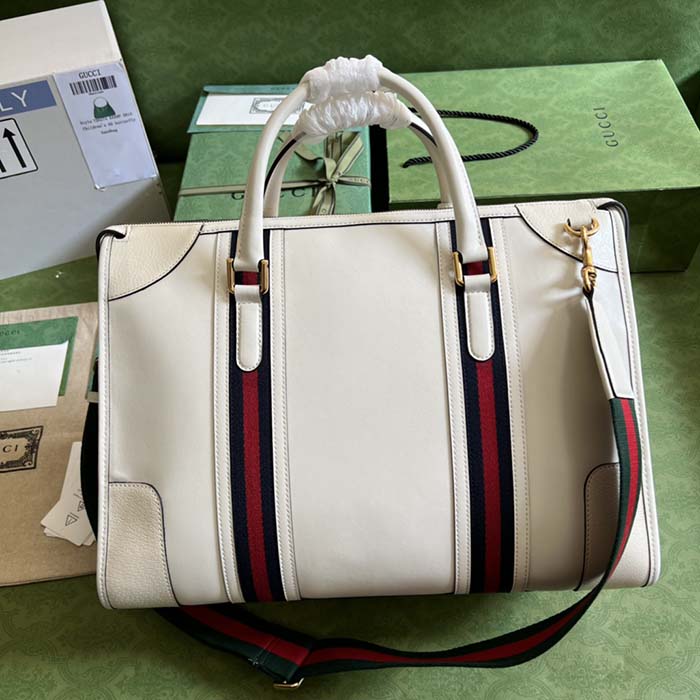 Gucci Women GG Bauletto Medium Top Handle Bag White Leather Double G (9)