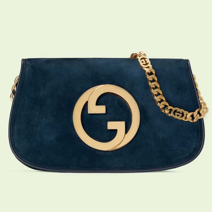 Gucci Women GG Blondie Shoulder Bag Deep Blue Suede Interlocking G