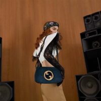 Gucci Women GG Blondie Shoulder Bag Deep Blue Suede Interlocking G (2)