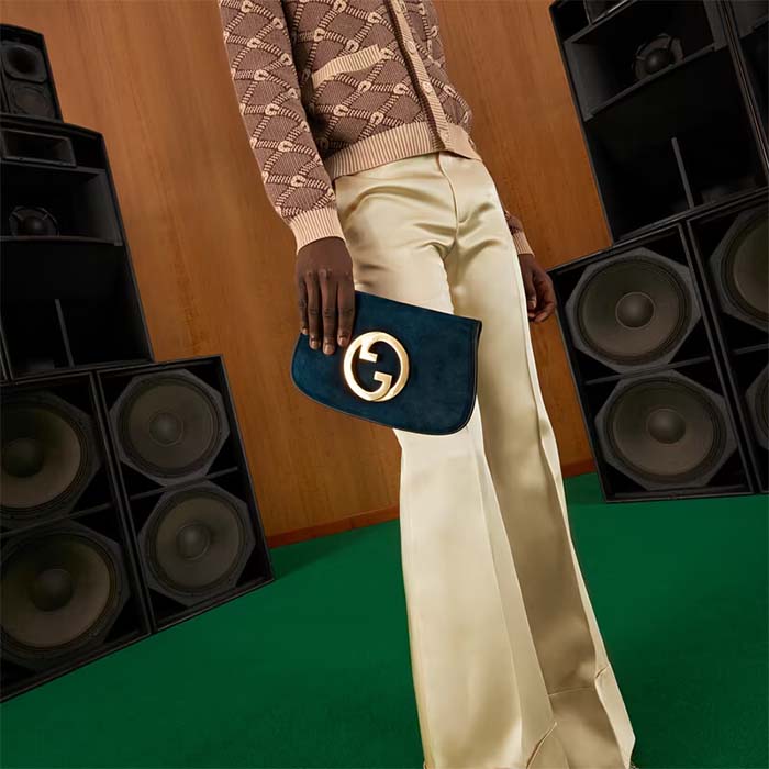 Gucci Women GG Blondie Shoulder Bag Deep Blue Suede Interlocking G (4)