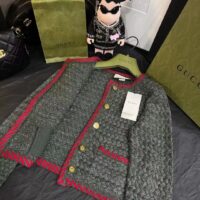 Gucci Women GG Cable Knit Wool Jacket Dark Green Collarless Wool Cotton (2)