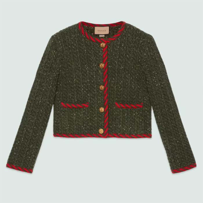 Gucci Women GG Cable Knit Wool Jacket Dark Green Collarless Wool Cotton