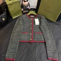 Gucci Women GG Cable Knit Wool Jacket Dark Green Collarless Wool Cotton (2)