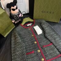 Gucci Women GG Cable Knit Wool Jacket Dark Green Collarless Wool Cotton (2)