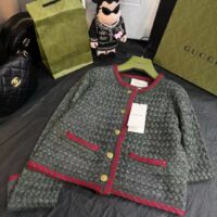 Gucci Women GG Cable Knit Wool Jacket Dark Green Collarless Wool Cotton (2)