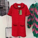 Gucci Women GG Cable Stitch Wool Dress Red Polo Collar Short Sleeves - Image 2