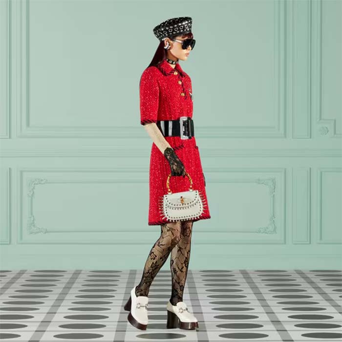 Gucci Women GG Cable Stitch Wool Dress Red Polo Collar Short