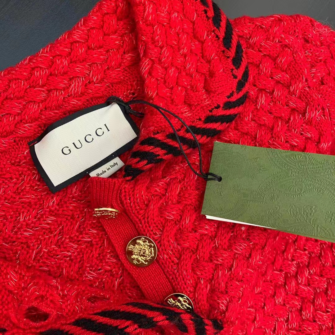 Gucci Women GG Cable Stitch Wool Dress Red Polo Collar Short