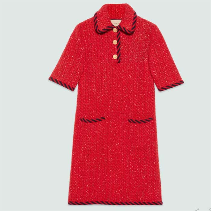 Gucci Women GG Cable Stitch Wool Dress Red Polo Collar Short Sleeves