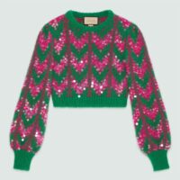 Gucci Women GG Chevron Wool Sequin Sweater Crewneck Mohair Polyamide Puffed Sleeves (3)