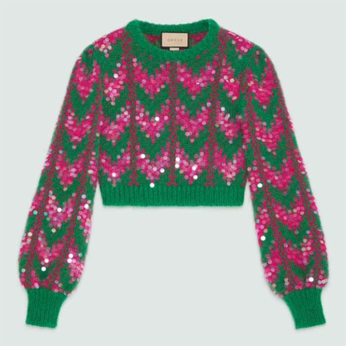 Gucci Women GG Chevron Wool Sequin Sweater Crewneck Mohair Polyamide Puffed Sleeves
