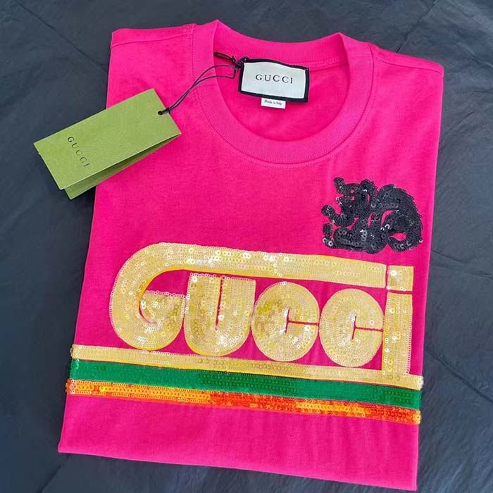 Gucci Women GG Cotton T-Shirt Skunk Embroidery Fuchsia Jersey Crewneck Short Sleeves (10)