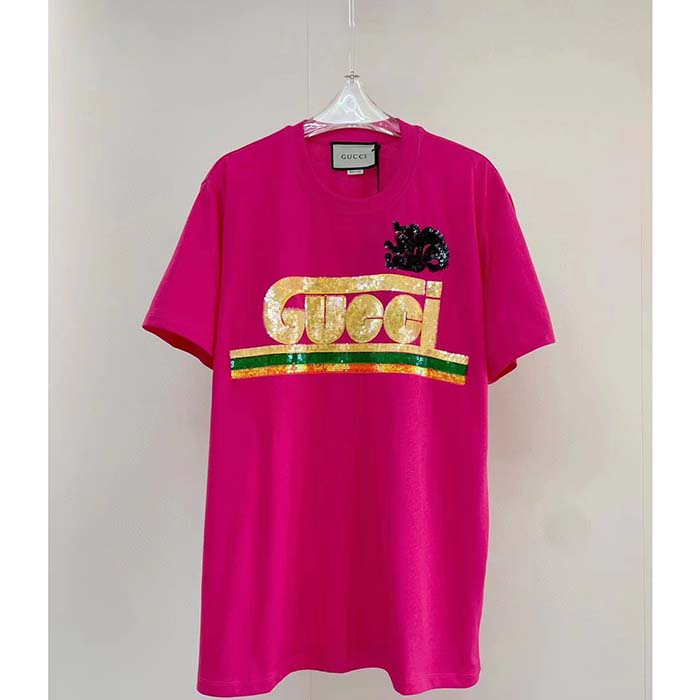 Gucci Women GG Cotton T-Shirt Skunk Embroidery Fuchsia Jersey Crewneck Short Sleeves (2)