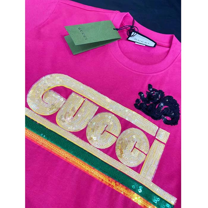 Gucci Women GG Cotton T-Shirt Skunk Embroidery Fuchsia Jersey Crewneck Short Sleeves (3)