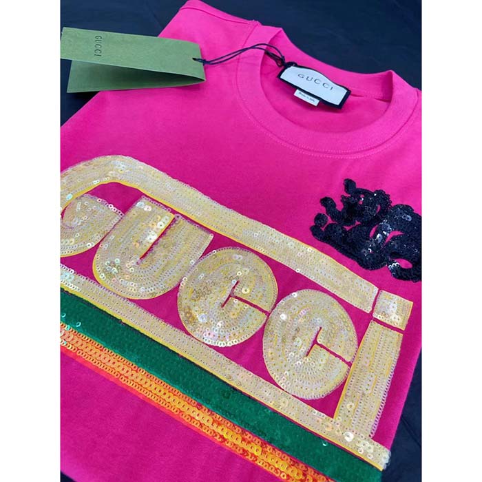Gucci Women GG Cotton T-Shirt Skunk Embroidery Fuchsia Jersey Crewneck Short Sleeves (4)