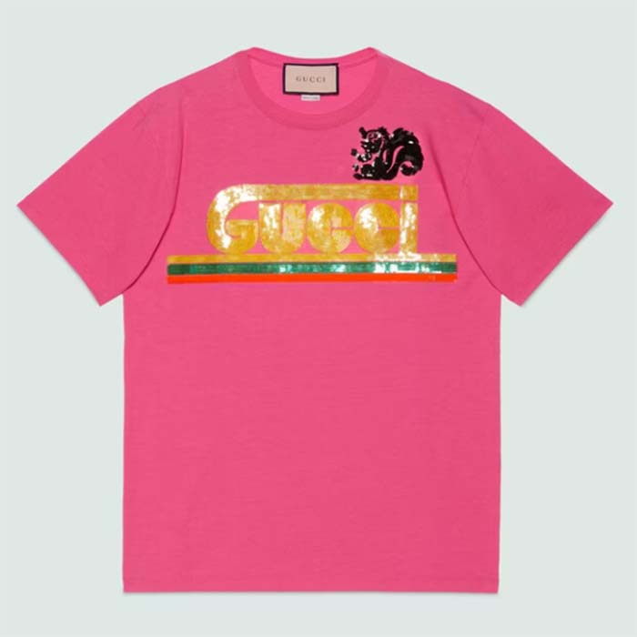 Gucci Women GG Cotton T-Shirt Skunk Embroidery Fuchsia Jersey Crewneck Short Sleeves (7)