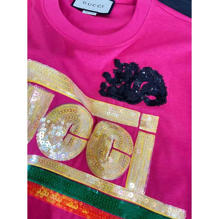 Gucci Women GG Cotton T-Shirt Skunk Embroidery Fuchsia Jersey Crewneck Short Sleeves (9)