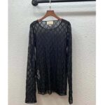 Gucci Women GG Embroidered Tulle T-Shirt Black Long Sleeve Fitted Cotton – Bild 2