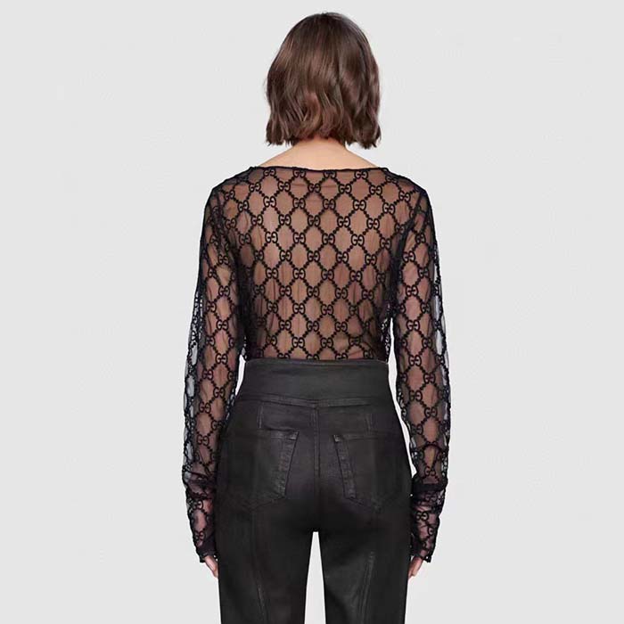 Gucci Women GG Embroidered Tulle T-Shirt Black Long Sleeve