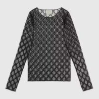 Gucci Women GG Embroidered Tulle T-Shirt Black Long Sleeve Fitted Cotton