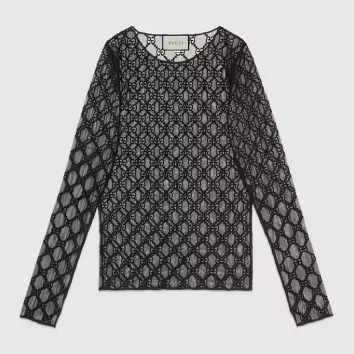 Gucci Women GG Embroidered Tulle T-Shirt Black Long Sleeve