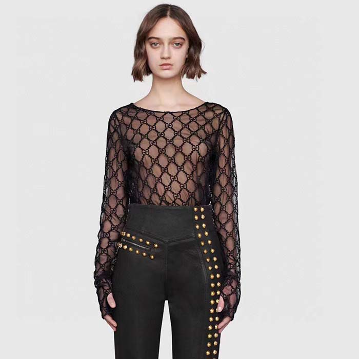 Gucci Women GG Embroidered Tulle T-Shirt Black Long Sleeve Fitted Cotton