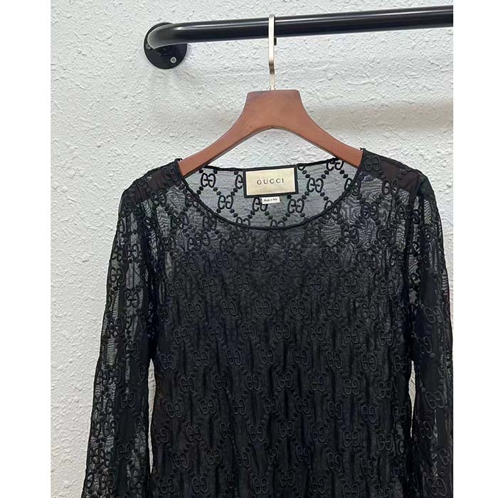 Gucci Women GG Embroidered Tulle T-Shirt Black Long Sleeve Fitted Cotton (6)