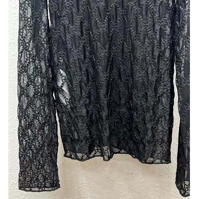 Gucci Women GG Embroidered Tulle T-Shirt Black Long Sleeve