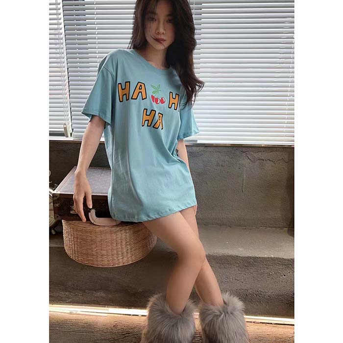 Gucci Women GG HA HA HA Cherry T-Shirt Light Blue Medium Gucci Women GG HA HA HA Cherry T-Shirt Light Blue Medium