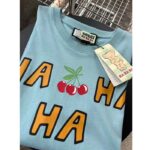 Gucci Women GG HA HA HA Cherry T-Shirt Light Blue Medium Cotton Jersey Crewneck - immagine 9