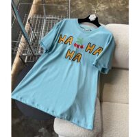 Gucci Women GG HA HA HA Cherry T-Shirt Light Blue Medium Cotton Jersey Crewneck (6)