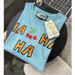 Gucci Women GG HA HA HA Cherry T-Shirt Light Blue Medium Cotton Jersey Crewneck - immagine 7