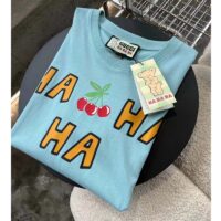 Gucci Women GG HA HA HA Cherry T-Shirt Light Blue Medium Cotton Jersey Crewneck (6)