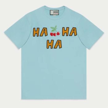 Gucci Women GG HA HA HA Cherry T-Shirt Light Blue Medium Cotton Jersey Crewneck