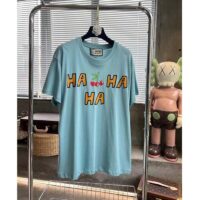 Gucci Women GG HA HA HA Cherry T-Shirt Light Blue Medium Cotton Jersey Crewneck (6)