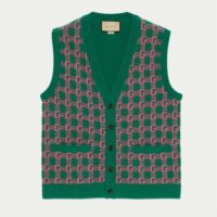 Gucci Women GG HA HA HA Square G Vest Green Pink Wool Jacquard V-Neck Sleeveless (10)