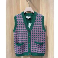 Gucci Women GG HA HA HA Square G Vest Green Pink Wool Jacquard V-Neck Sleeveless (10)