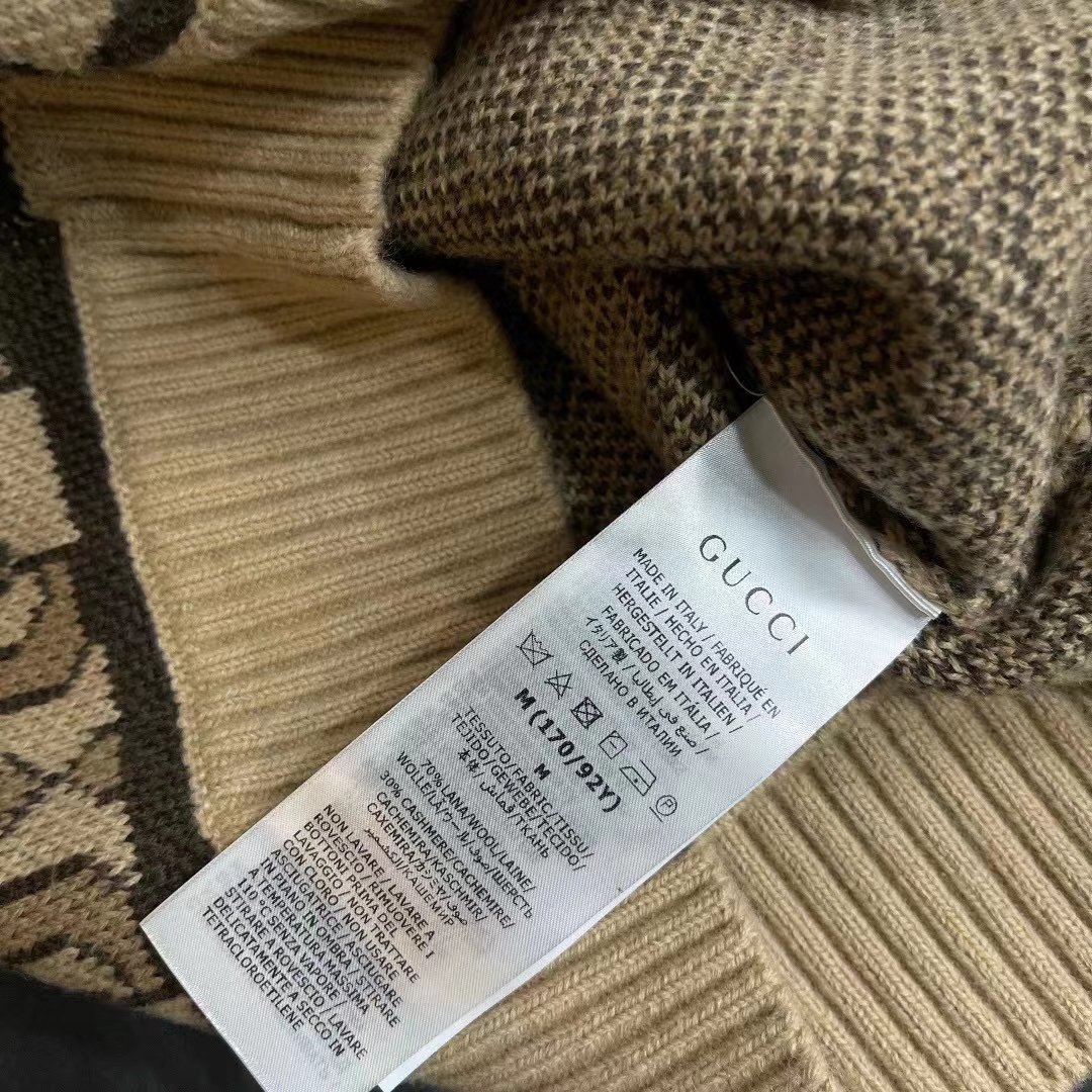 Gucci Men GG Horsebit Cashmere Jacquard Sweater Camel Brown Wool Crewneck
