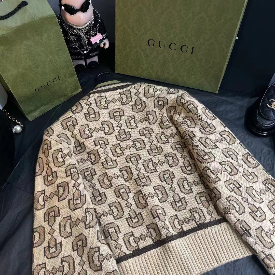 Gucci Men GG Horsebit Cashmere Jacquard Sweater Camel Brown Wool Crewneck