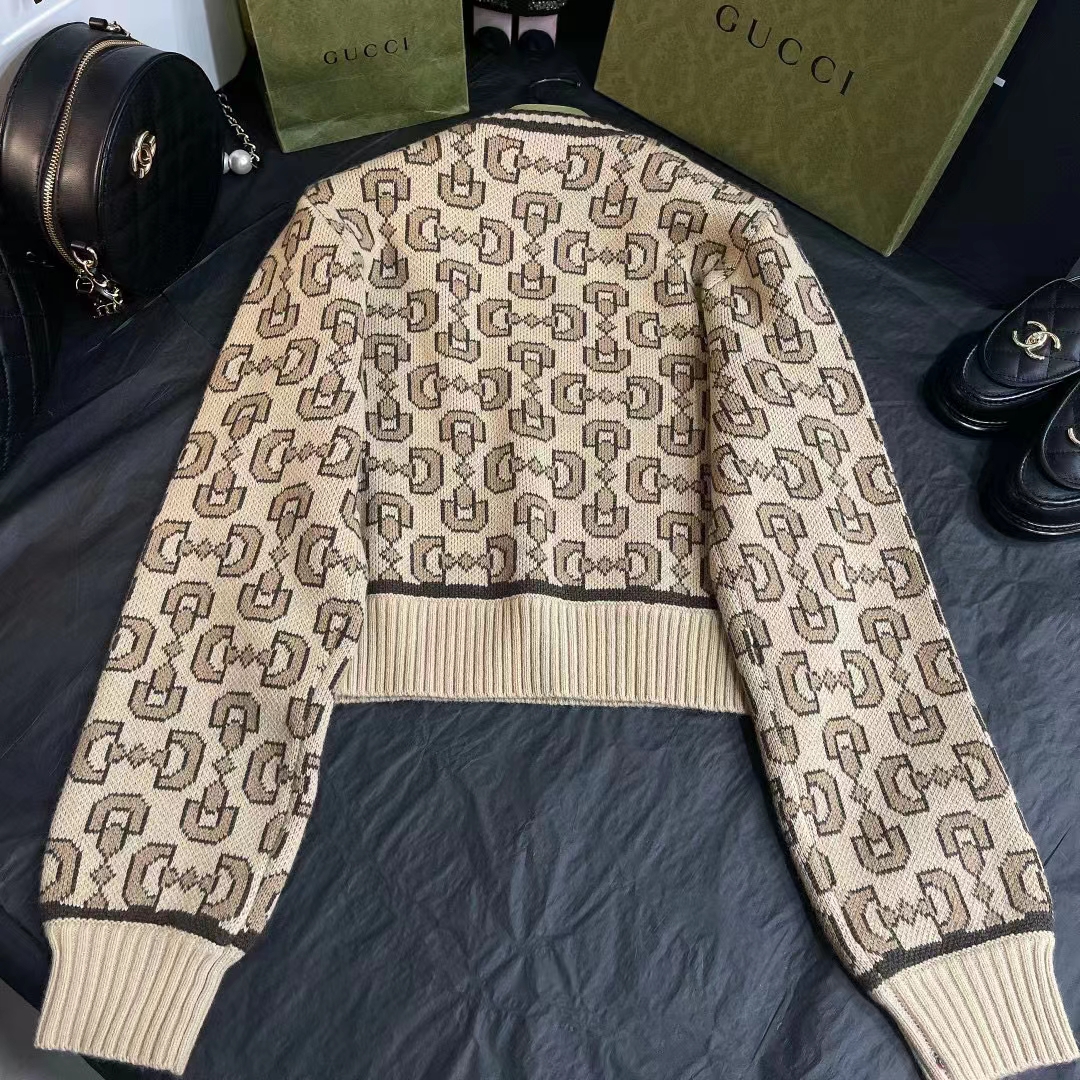 Gucci Men GG Horsebit Cashmere Jacquard Sweater Camel Brown Wool Crewneck