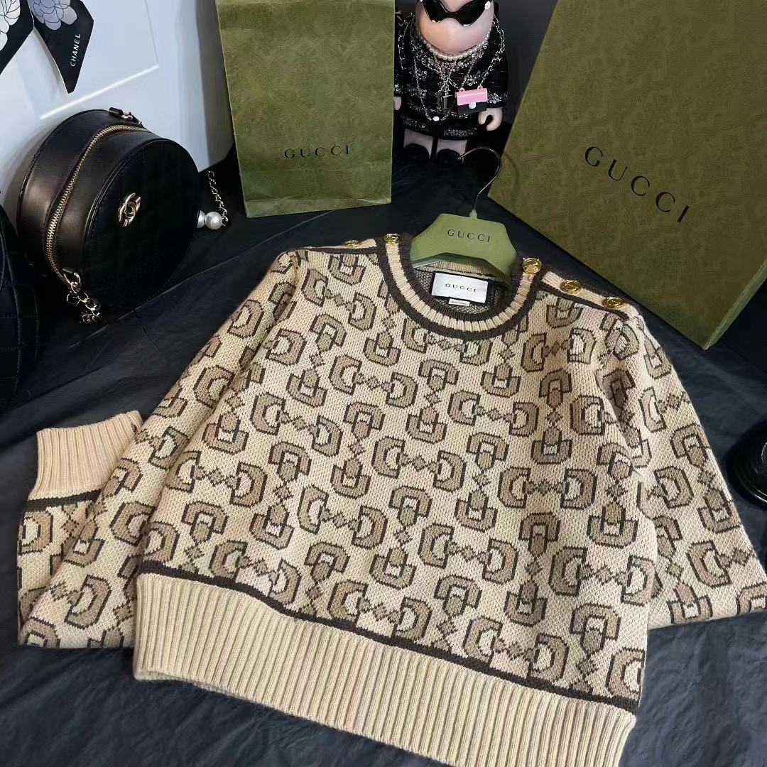 Gucci Men GG Horsebit Cashmere Jacquard Sweater Camel Brown Wool Crewneck