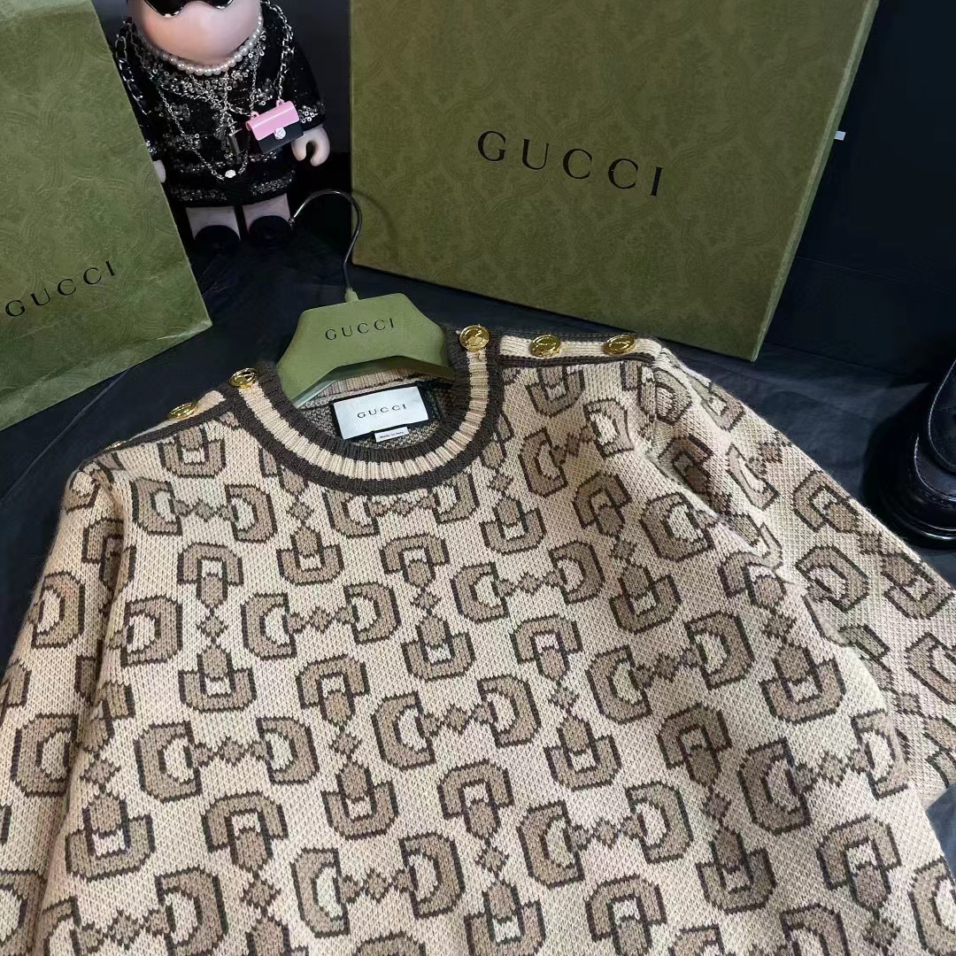 Gucci Men GG Horsebit Cashmere Jacquard Sweater Camel Brown Wool Crewneck