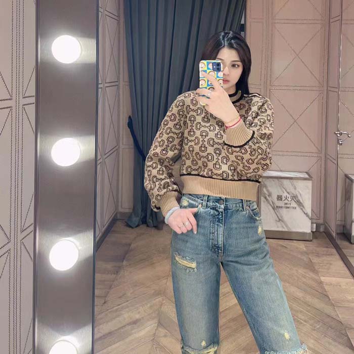 Gucci Women GG Horsebit Cashmere Jacquard Sweater Camel Brown Wool Crewneck