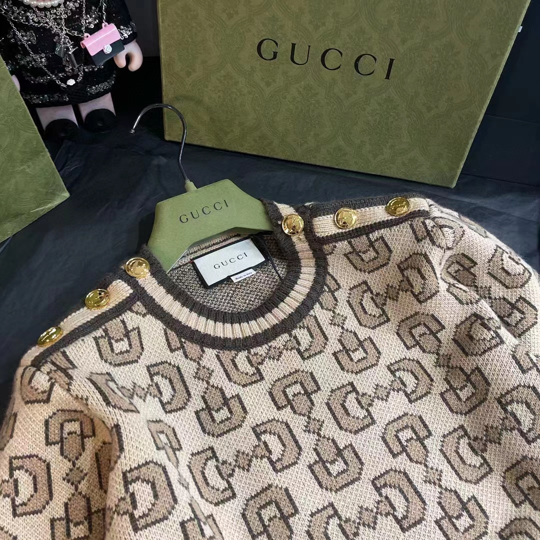 Gucci Men GG Horsebit Cashmere Jacquard Sweater Camel Brown Wool Crewneck