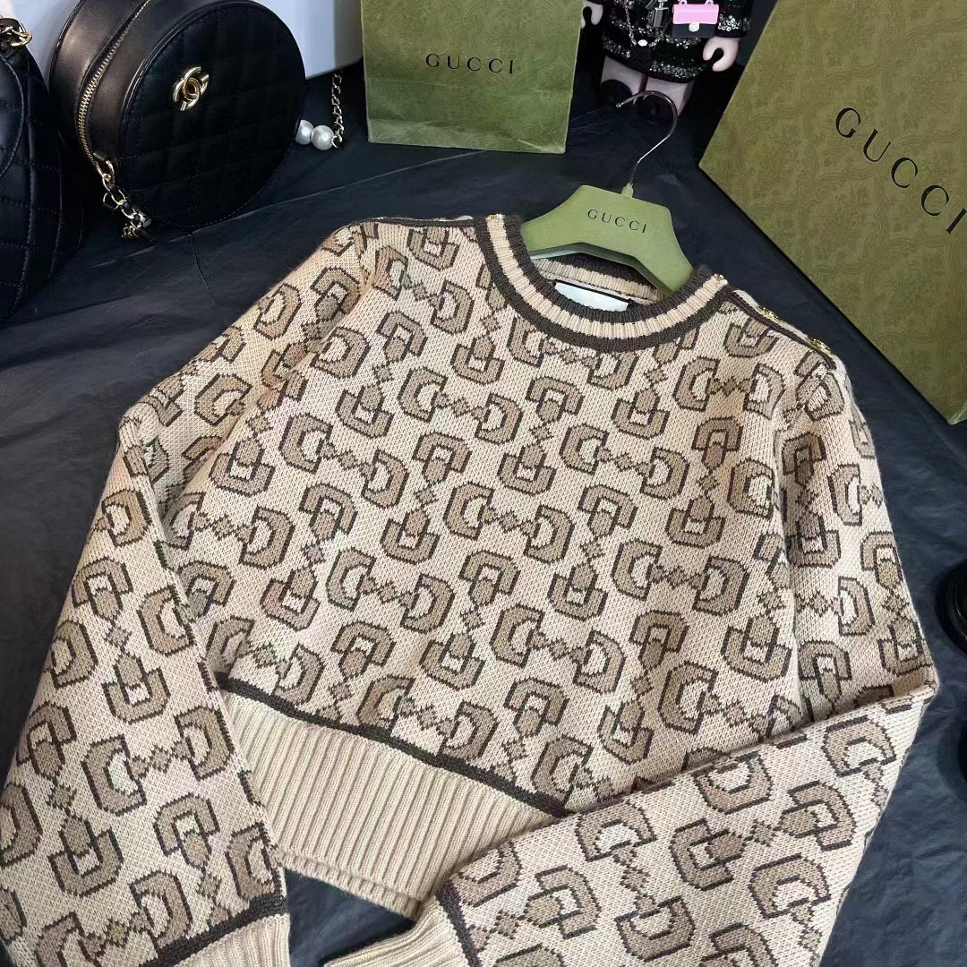 Gucci Women GG Horsebit Cashmere Jacquard Sweater Camel Brown Wool Crewneck (4)