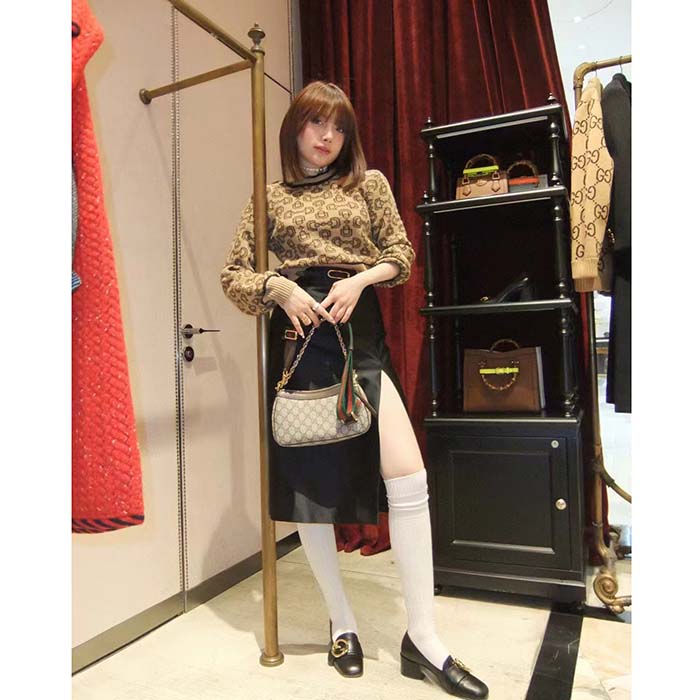 Gucci Women GG Horsebit Cashmere Jacquard Sweater Camel Brown Wool Crewneck