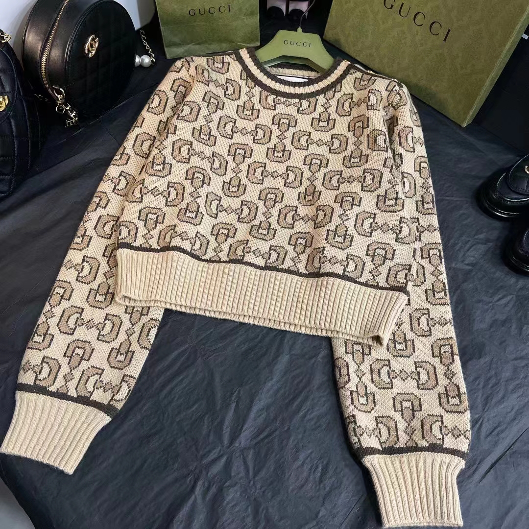 Gucci Men GG Horsebit Cashmere Jacquard Sweater Camel Brown Wool Crewneck