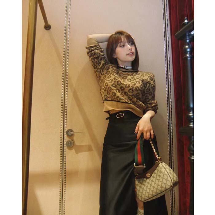 Gucci Women GG Horsebit Cashmere Jacquard Sweater Camel Brown Wool Crewneck